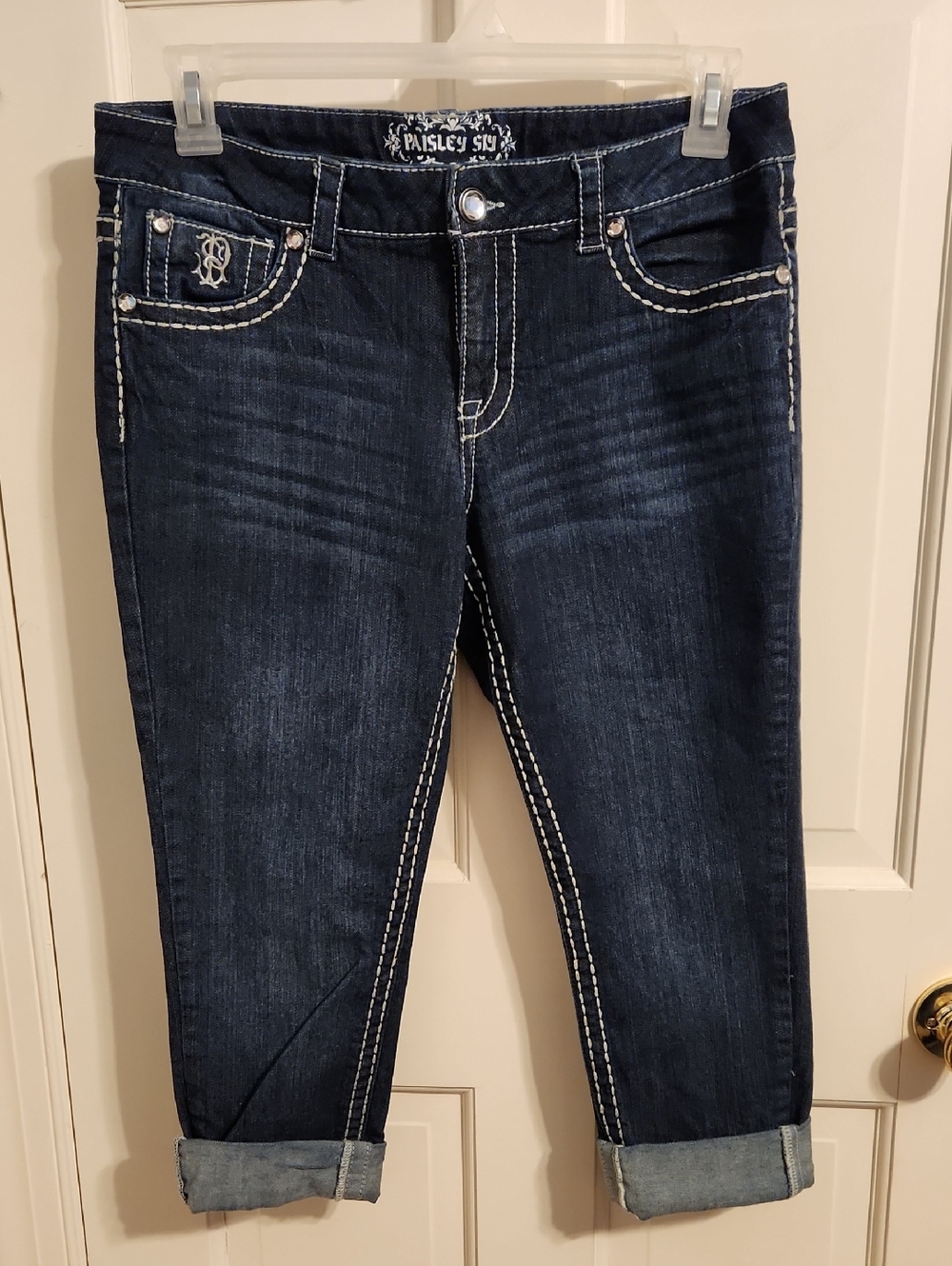 Paisley Sky Dark Blue Cropped Jeans with White Stitching